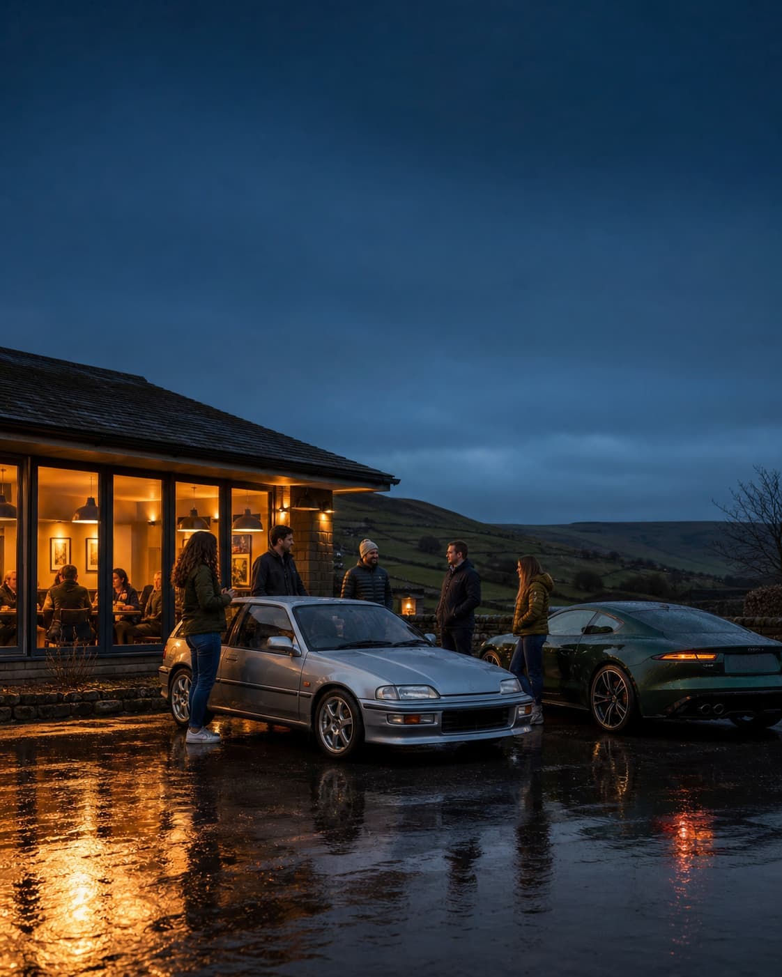 Members of a car club standing between two cars outside a lit café at dusk, on a wet moorland road.